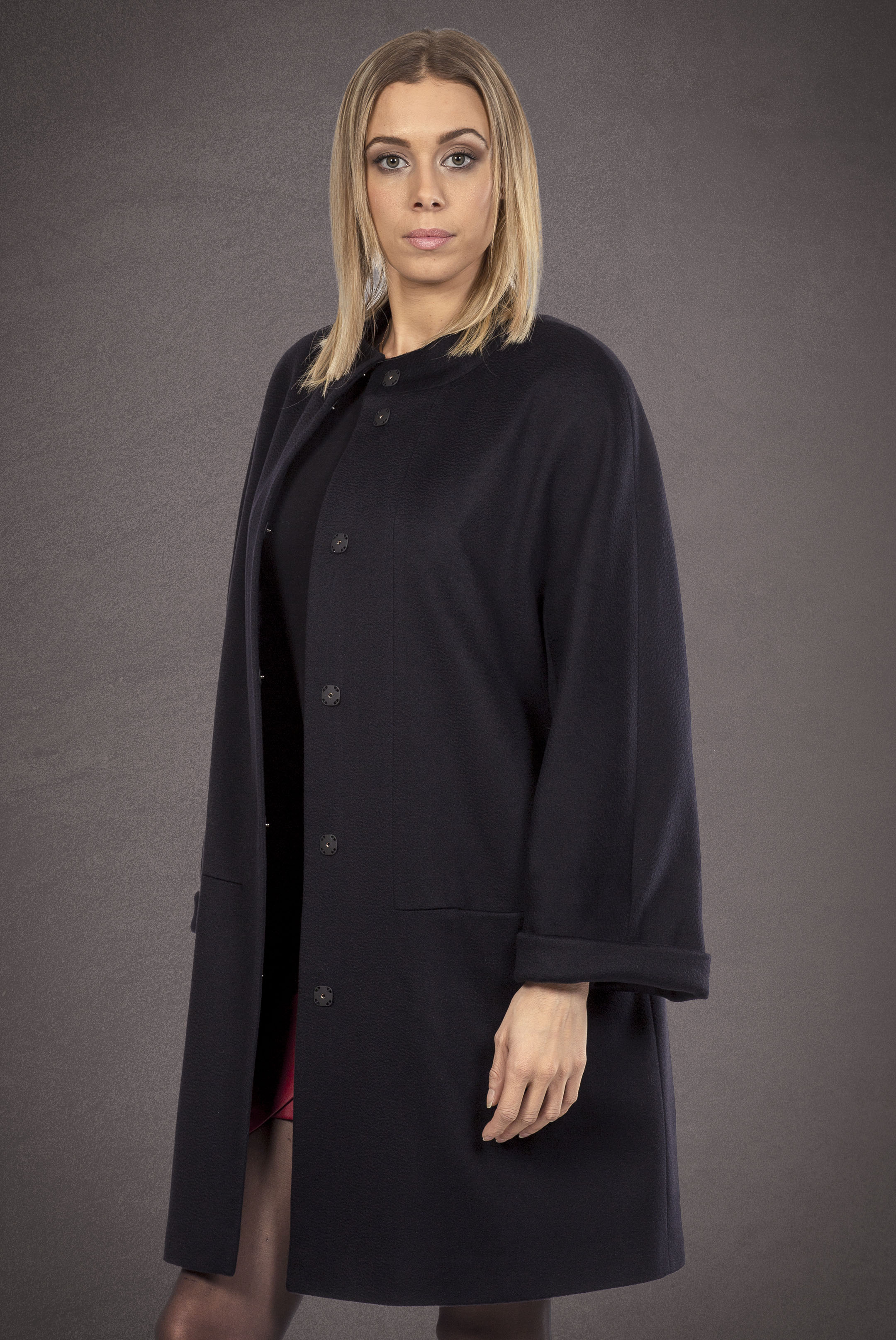 Meldes De Luxe 100% Cashmere coat stand collar Dark blue 017-2-02
